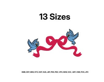 Blue Birds Embroidery, Fairytale Bluebird Bow Embroidery, Pink Coquette Ribbon Embroideryb, Flying Birds Embroidery Design, 13 Sizes