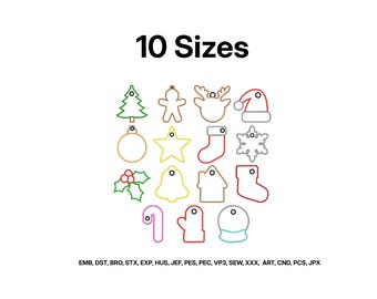 ITH Christmas Tag Embroidery, Tag Applique Bundle, In The Hoop Tree Stocking Ornament Embroidery, Christmas Applique Embroidery, 10 Sizes
