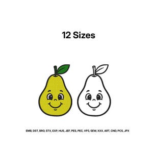 May include: An embroidery design featuring two cartoon pears with smiling faces. One pear is filled with yellow thread and a green leaf, while the other is a black outline. The text 12 Sizes appears above, and file formats EMB, DST, BRO, STX, EXP, HUS, JEF, PES, PEC, VP3, SEW, XXX, ART, CND, PCS, JPX are listed below.