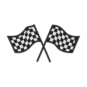 May include: Two crossed checkered racing flags with black and white squares. The flags have black borders and are set against a white background. The flags are waving, suggesting movement and speed.