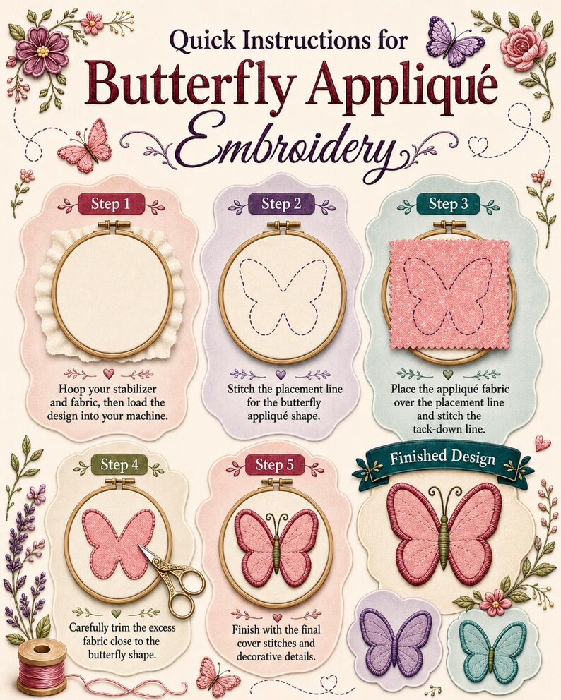 May include: An instructional guide titled Quick Instructions for Butterfly Appliqu&eacute; Embroidery, featuring five numbered steps and a finished design section. The graphic displays wooden embroidery hoops, fabric, scissors, and butterfly motifs.