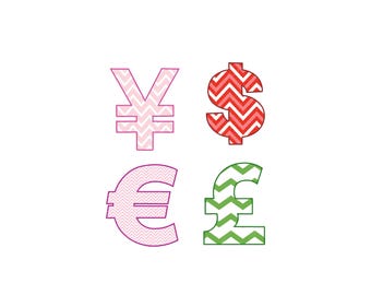 Dollar Applique Embroidery Design, Euro Applique Embroidery Design, Yen Applique Embroidery, Pound Applique Machine Embroidery Design,7 Size