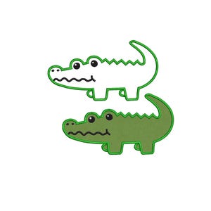 Puede incluir: Dos diseños de cocodrilos de dibujos animados. Uno es blanco con un contorno verde, y el otro es verde con un contorno verde más oscuro. Ambos tienen ojos negros y espaldas dentadas, sobre un fondo blanco.
