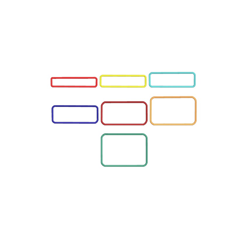 May include: A collection of seven rectangular frames with rounded corners, arranged in a cluster. The frames are colored in red, yellow, light blue, dark blue, orange, and green, each featuring a thin, solid border and a hollow center.