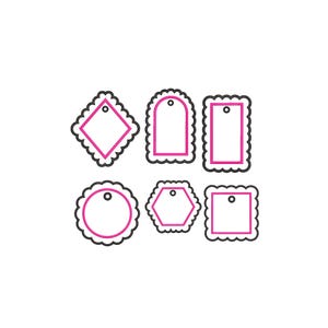 May include: A set of six white gift tags with scalloped edges and a thin pink border. The tags feature various shapes including a diamond, an arch, a rectangle, a circle, a hexagon, and a square, each with a small hole punched at the top.