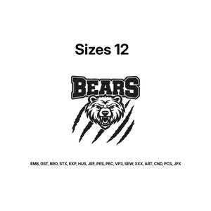 Puede incluir: Un diseño de bordado digital en blanco y negro con el texto Sizes 12, la palabra BEARS en fuente negrita, un gráfico de cabeza de oso gruñendo y marcas de garras. Debajo del gráfico hay una lista de formatos: EMB, DST, BRO, STX, EXP, HUS, JEF, PES, PEC, VP3, SEW, XXX, ART, CND, PCS, JPX.