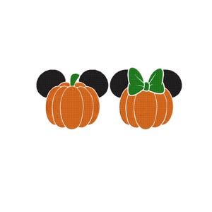 May include: Two embroidered pumpkin designs featuring black circular ears. The left pumpkin has a green stem, while the right pumpkin is adorned with a large green bow. Both pumpkins are orange with vertical segments and a textured stitch pattern.