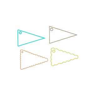May include: Four triangular tags with circular holes at the top corners. Two tags have straight edges in cyan and brown, while the other two feature scalloped edges in orange and yellow. These flat, geometric shapes are arranged in a grid.