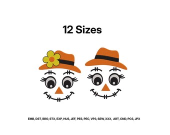 Cute Scarecrow Face Embroidery, Halloween Embroidery, Scarecrow Boy and Girl Embroidery, Spooky, Fall, Halloween Embroidery Files, 12 Sizes