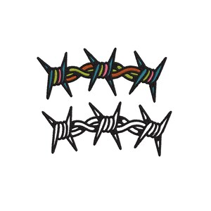 May include: Two embroidered patches featuring barbed wire designs. The top patch displays a multi-colored barbed wire in shades of green, orange, pink, and blue. The bottom patch features a monochromatic barbed wire design in black and white.