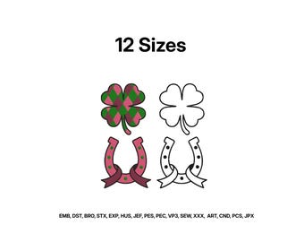 Clover Leaf Embroidery, Horseshoe Embroidery, Lucky charm embroidery , good luck embroidery design, Western horseshose with ribbon, 12 Sizes