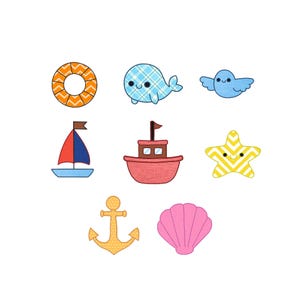May include: A collection of colorful, cartoon-style nautical-themed illustrations. Includes a life preserver, whale, bird, sailboat, boat, starfish, anchor, and seashell. Each design features bright colors and simple, friendly details, perfect for children's crafts.