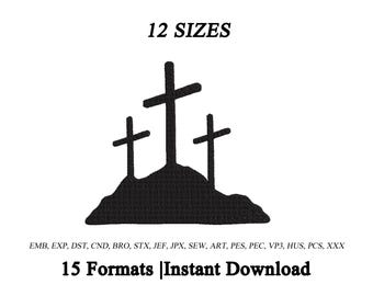 Three Crosses Embroidery Design | Christian Cross Machine Embroidery Design | esus Cross Embroidery | Religious Embroidery Design | 12 Sizes