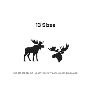 Op de afbeelding: Een zwart digitaal borduurontwerp met een eland-silhouet van het hele lichaam en een elandkop-silhouet. De tekst 13 Sizes staat bovenaan en een lijst met bestandsformaten waaronder EMB, DST, BRO, STX, EXP, HUS, JEF, PES, PEC, VP3, SEW, XXX, ART, CND, PCS, JPX staat onderaan.