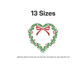 Christmas Wreath Embroidery, Heart Shape Holly Wreath Embroidery Design, Bow heart Wreath Embroidery, Mini Wreath Embroidery files, 13 Sizes