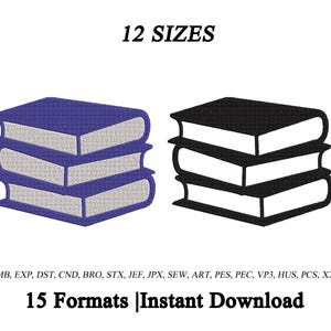 May include: An embroidery design featuring two stacks of three books. One stack is purple with light gray pages, and the other is black with white pages. Text includes 12 SIZES, 15 Formats | Instant Download, and file types EMB, EXP, DST, CND, BRO, STX, JEF, JPX, SEW, ART, PES, PEC, VP3, HUS, PCS, XXX.