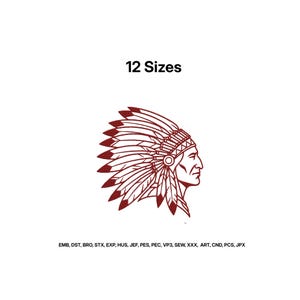 Native American chief embroidery, Indian Head Embroidery, War Bonnet, Feather Headdress, Indian Chief Embroidery, Tribal Warrior Emb,12 Size