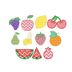 May include: A collection of colorful fruit illustrations, including grapes, an apple, a lemon, cherries, a pear, a banana, a strawberry, an orange, a watermelon slice, a watermelon wedge, and a pomegranate. Each fruit features a zig-zag pattern.