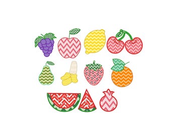 Fruit Applique Design Set, Fruit Embroidery Design, Watermelon, Cherry, Apple, Orange, Strawberry, Banana, Pear, applique Embroidery, 7 Size