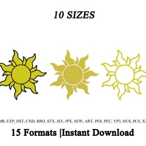 Puede incluir: Se muestran tres diseños de bordado de sol en amarillo. El primero tiene un contorno negro, el segundo es amarillo sólido y el tercero es un contorno amarillo. El texto dice 10 SIZES, 15 Formats | Instant Download, y EMB, EXP, DST, CND, BRO, STX, JEF, JPX, SEW, ART, PES, PEC, VP3, HUS, PCS, XXX.