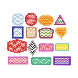 May include: A collection of colorful, geometric shapes with zigzag patterns. The shapes include circles, ovals, rectangles, a triangle, a heart, and a diamond. Each shape has a different color scheme, including red, orange, pink, and green.