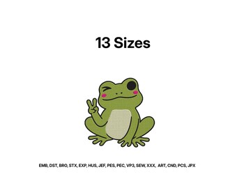 Cute Frog Embroidery, Frog with Peace Sign Embroidery,Mini Frog Embroidery Design,Frog with winking eye embroidery,13 Sizes Instant Download