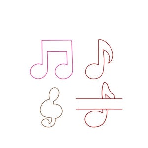 May include: Four musical symbols in outline form are displayed against a white background. The symbols include a treble clef, a quarter note, and two eighth notes. The notes are in shades of brown, pink, and red.