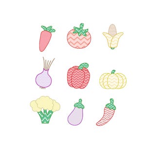 Vegetable Applique Embroidery, Applique Embroidery Design, Pumpkin, Carrot, Tomato, Chili, Corn, Capsicum, Broccoli, Eggplant, 7 Sizes