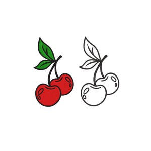 May include: Two cherry illustrations with black outlines. The left cherry pair is filled with vibrant red color and features two green leaves. The right cherry pair is a black and white line art version, showing only the outlines of the fruit and leaves.