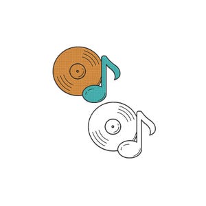 Puede incluir: Un diseño de bordado que presenta dos discos de vinilo combinados con notas musicales. El disco superior es naranja con una nota musical verde azulado, mientras que el inferior está delineado en negro con una nota musical negra a juego.