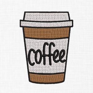 Puede incluir: Una taza de café marrón y blanca con tapa. La palabra "coffee" está escrita en cursiva negra en la parte delantera de la taza. La taza tiene una banda marrón en el medio y un contorno negro.