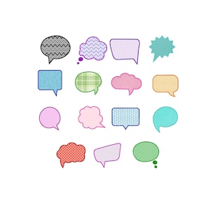 May include: A collection of sixteen colorful speech bubbles in various shapes and patterns. The bubbles feature different textures, including chevron, plaid, and polka dots, with a range of colors like blue, green, pink, and orange. The bubbles are set against a white background.