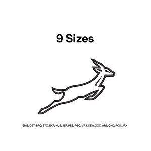 May include: A black outline graphic of a leaping gazelle centered on a white background. Above the graphic is the text 9 Sizes. Below the graphic is a list of file formats: EMB, DST, BRO, STX, EXP, HUS, JEF, PES, PEC, VP3, SEW, XXX, ART, CND, PCS, JPX.