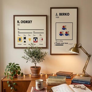 May include: A cozy workspace featuring framed art, a desk with books, and a brass lamp. Two framed prints with text are displayed. A potted plant and a mug with a logo sit on the desk. A vintage wooden cabinet is in the background.