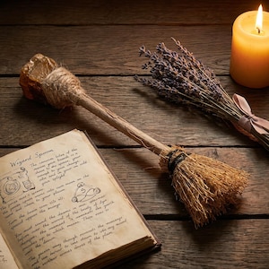 May include: A wooden spoon with a rough, amber-colored stone attached to the handle with twine, positioned next to a bundle of dried lavender, a lit yellow candle, and an open book with the title Wizard Spoon and handwritten text.