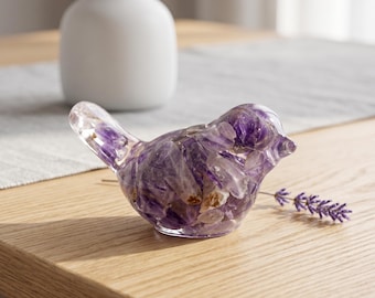 Handmade Amethyst Bird Resin Figurine, Natural Crystal Chips, Healing Decor Sculpture, Desk Shelf Ornament, Meditation Gift