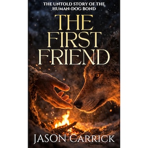 May include: Book cover for "The First Friend" by Jason Carrick. The image features a wolf and a human hand reaching towards each other near a fire. The title is in large gold letters, with the subtitle above.