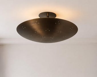 Mid Century Modern Brass Dome Chandelier, Minimalist Italian Ceiling Light, Large Floating Pendant Lamp