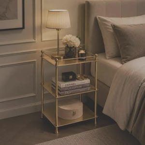 Gold Brass Bedside Table, 3 Tier Metal Nightstand, Luxury Bedroom Side Table, Modern Gold Accent Table, Slim Bedside Storage Shelf