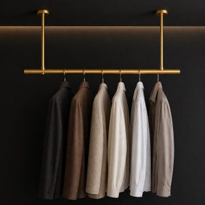 Puede incluir: Un perchero dorado montado en el techo con seis prendas colgadas. Las prendas incluyen una blazer gris oscuro, una blazer marrón, un suéter beige, una camisa blanca, una camisa blanca y una camisa marrón claro.