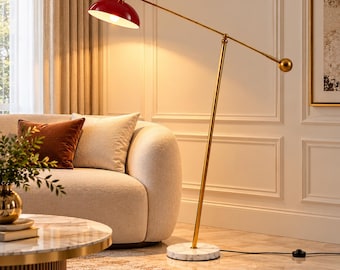Stehleuchte aus Messing im Mid-Century-Modern-Stil, verstellbare Bogenleuchte mit Lesefunktion, roter Metallschirm, Marmorsockel, Wohnzimmerbeleuchtung