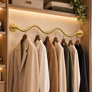 Brass Ceiling Mounted Clothes Rail with S Hooks | Hanging Garment Rack | Ceiling Closet Rod | Minimalist Clothing Organizer | Custom Size