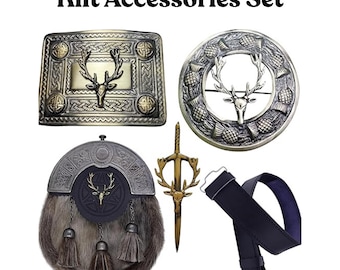 Scottish Kilt Accessoies Kit Men Stag Head Design | Includes Sporran, Belt, Buckle, Kilt Pin, Brooch | Perfect for Weddings & Highland Games