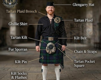 Conjunto de 10 piezas de kilt tradicional escocés / Traje completo de las Tierras Altas / Kilts de boda escoceses para hombres con sporran, kilt de tartán