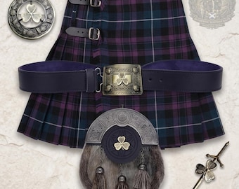 Conjunto de kilt irlandés de 6 piezas: kilt de tartán Pride of Scotland, cinturón de cuero, hebilla de trébol, sporran, broche de tartán Fly Plaid y broche de espada para kilt.
