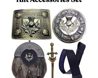 Zestaw akcesoriów do kiltu szkockiego – wzór ostu | Półformalny skórzany sporran, pasek i klamra do kiltu, broszka do kiltu | Prezent ślubny w stylu highland