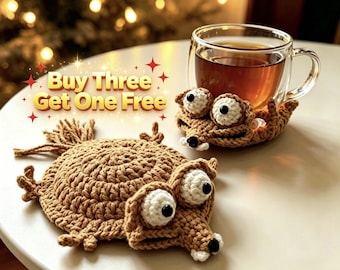 Crochet Coaster Set, Handmade Amigurumi Cup Mat, Cute Animal Mug Rugs Unique Housewarming Gift for Her, Boho Desk Decor, Kitchen Accessories