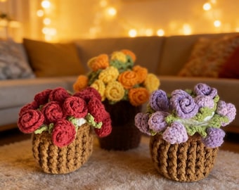 Handmade Crochet Flower Pot, Rose Lily Cup Holder, Cotton Yarn Decor