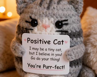 Tiny Crochet Cat Plush • Positive Affirmation Desk Decor • Cat Lovers Gift