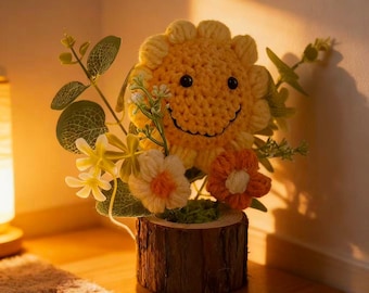 Smiling Sun Flower Crochet Pot | Handmade Floral Cactus Decor, Cotton Yarn, Desk Accent